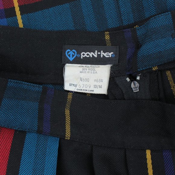 Vintage Plaid Midi Skirt A-line Full Pleated Black Blue Red Yellow Wool Blend - Picture 6 of 6